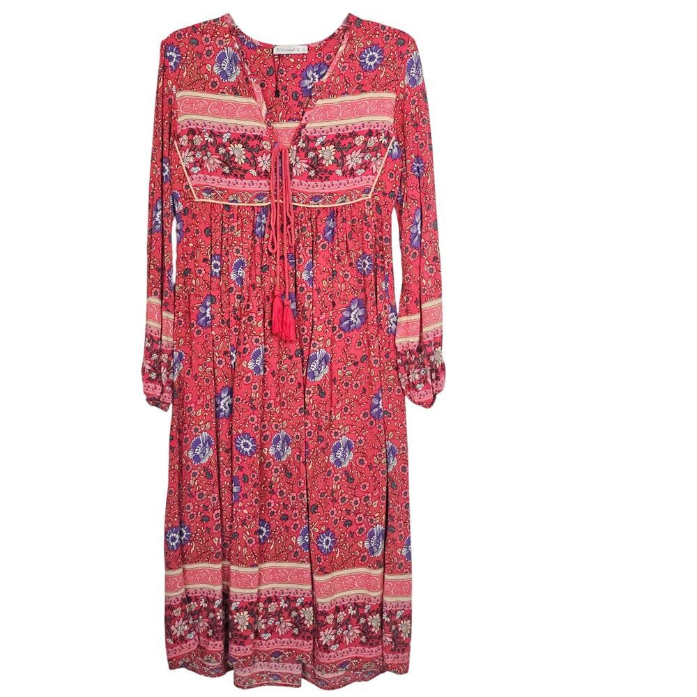 NWOT R. Vivimos Women's Long Sleeve Floral Print Retro Bohemain V-Neck‎ Dress XS